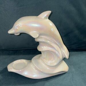 Iridiscent White Glazed Porcelain Poland 8" Dolphin Sculpture Candle Holder